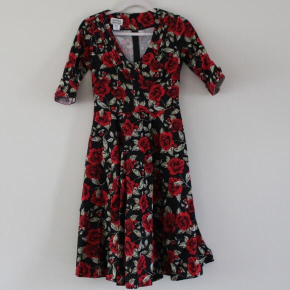 Unique Vintage Dresses & Skirts - Unique Vintage 1950s Style Black and Red Rose Half Sleeve Delores Dress Small 4